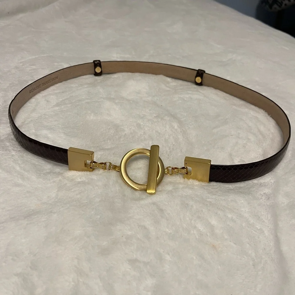 Snakeskin Belt Womens Brawn Genuine Leather Gold Toggle Skinny Slim Quiet Luxe